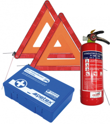 Set pachet prim ajutor auto trusa sanitara PET stingator 1kg SEP triungiuri presemnalizare 2buc 