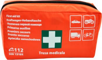 Trusa medicala de prim ajutor in conformitate cu DIN 13164 in borseta imprermeabila portocalie de dimensiuni reduse valabilitate pana i 
