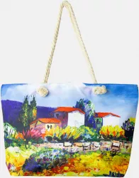 Geanta de plaja din material textil cu imprimeu dupa o pictura cu casute si gradini 