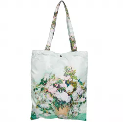 Geanta shopper din material textil satinat cu reproducere dupa Vaza cu trandafiri albi de Van Gogh 
