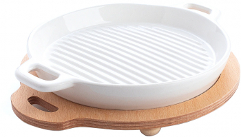 Tava Grill cu Manere pe Suport de Lemn 22 cm Ceramica Alb 
