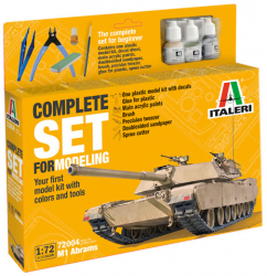 Kit de construit tanc M1 Abrams Lungime 14 cm / Scara 1 72 / vopsea / pensula / cleste / pila abraziva / penseta si adeziv incluse / 14+ 