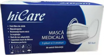 Cutie 50 masti medicale BFE98 3 straturi 3 pliuri tija metalica albastru-mov fabricate in Romania 