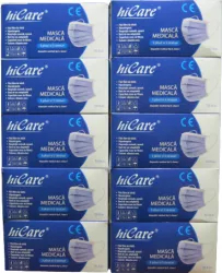 Set 10 cutii x 50 masti medicale HiCare BFE 99 3 straturi 3 pliuri albastru-mov 