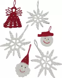 Set 6 globuri crosetate pentru bradul de Craciun HANDMADE bumbac mercerizat premium alb si rosu