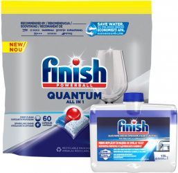 Pachet Detergent capsule pentru masina de spalat vase Finish Quantum 60 spalari + Solutie de curatare Finish 250 ml 
