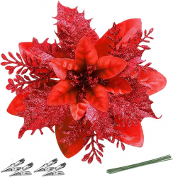 Florii artificiale de Craciun rosu cu sclipici 10 buc 