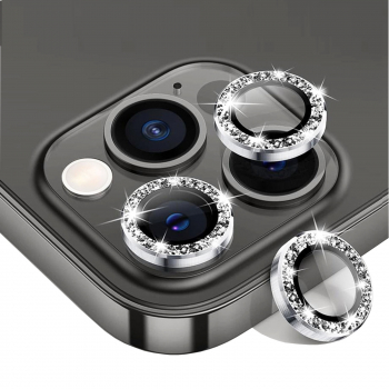 Sticla de protectie camere cu cadru din aluminiu cu diamante pentru iPhone 15 Pro Negru 