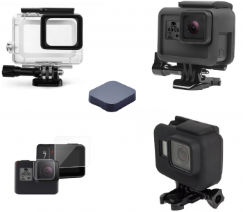 Set 5 accesorii pentru Gopro Hero 5 6 7 Carcasa waterproof Rama de protectie/prindere Husa din silicon Set Folie si capac de protectie 