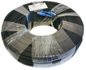 Patch cord optic pentru exterior format din cablu FTTH DROP MES 2xG657A1 manta neagra LSZH conectorizat la ambele capete cu cate un conect 