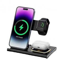 Incarcator Wireless 4 in 1 Fastcharge 15 W cu Lumina Ambientala si MagSafe pentru Smartphone Smart Watch si AirPods 