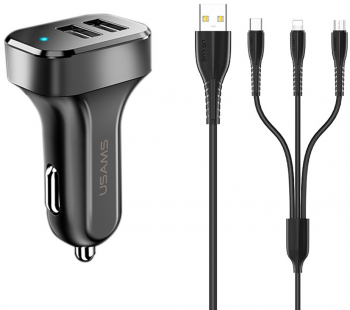 Incarcator Auto C13 + Cablu U35 Micro-USB Lightning Type-C 2A G336 USAMS Kit King Tu Series G336 Black 