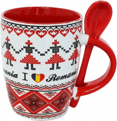 Cana Suvenir cu lingurita Romania 10.6cm Alb + rosu 