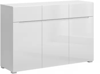 Comoda 3 usi 3 sertare mdf alb lucios Jolk 135x42x89 cm 
