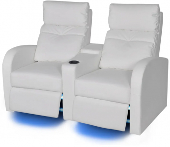 vidaXL Fotoliu rabatabil cu 2 locuri LED piele artificiala alb 