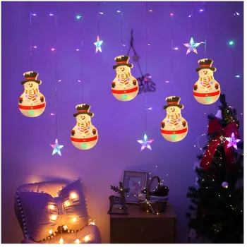 Instalatie pom Craciun Perdea luminoasa - Stelute + Om de zapada multicolora 2.60x0.65 cm 