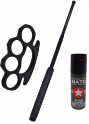Set 3 accesorii autoaparare IdeallStore® baston telescopic otel 50 cm box si spray paralizant iritant 