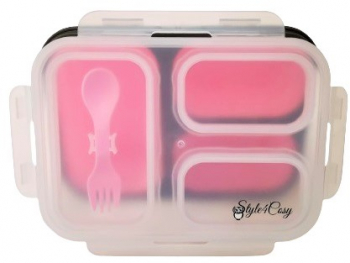 Caserola pliabila silicon Clip and Close extra-sigilare cu lingura furculita lungime 24 cm Pink