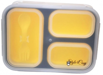Caserola pliabila silicon Clip and Close extra-sigilare cu lingura furculita lungime 24 cm Yellow