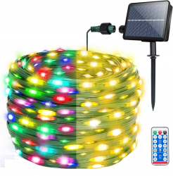 Ghirlanda luminoasa LED de 30 m cu panou solar cu telecomanda 8 moduri iluminare impermeabila IP 65 lumina alba sau colorata pentru dec