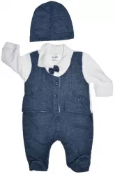 Set 2 piese salopeta cu maneca lunga si caciula pentru baieti Bebelinna S020823-8 Bleumarin 
