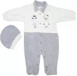 Set 2 piese salopeta cu maneca lunga si caciula pentru baieti Bebelinna 1292 Gri 