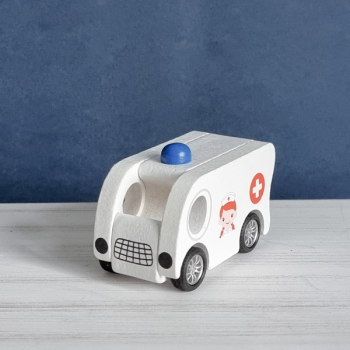Masina ambulanta alba autopropulsata jucarie lemn 7.3X3.5X5 3 ani + 
