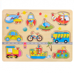 Puzzle educativ din lemn Vehicule Transport cu butoni 10 piese 30x22 cm 1 an + 