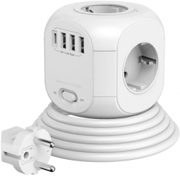 Prelungitor tip cub 4 prize 3xUSB 5V-2.4A 1xUSB-C 5V-3A commutator ON/OFF cu oprire automata la supratensiune protectie 