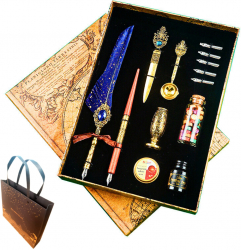 Set 2 stilouri retro calimara 5 de varfuri de penita stampila ceara colorata si alte accesorii 13 piese cutie si sacosa cadou 