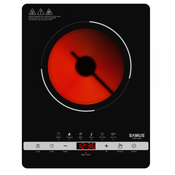 Plita electrica vitroceramica multifunctionala cu infrarosu Samus PSVFE-11BG4 2000W 10 trepte de putere Temporizator Control tactil Negru 