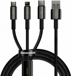 Cablu de incarcare 3in1 USB A la Micro-USB USB Type-C conector compatibil Apple Tugsten Gold 3.5A 1.5m lungime Negru 