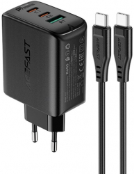 Incarcator Acefast 1 x USB 65W 2 x USB Type C Tehnologii de Incarcare Rapida PD QC 3.0 AFC FCP Cablu Type-C la Type-C inclus Neagra 