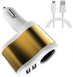 Incarcator auto dual pentru dispozitive 2 porturi USB inclus cablu de incarcare Type-C Alb-Auriu 