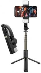 Selfie stick cu tripod si 2 LED-uri detasabile telecomanda Bluetooth 75cm lungime Negru