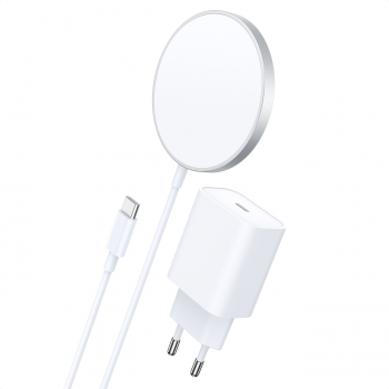 Set Incarcator Wireless si adaptor priza pentru telefon Magsafe 15W cu compatibilate QI mufa Type-C Alb 