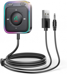 Transmitator Bluetooth pentru masina conectivitate 5.3 USB A si Jack 3.5mm CB3 Noise Filter IC LED RGB 2m lungime cablu Negru 