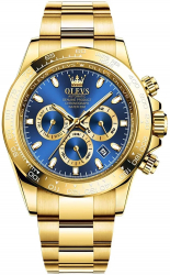 Ceas barbatesc de mana Olevs Mecanic Automatic Luxury Elegant Cronograf Data Analog Auriu/Albastru 