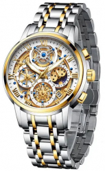 Ceas barbatesc Lige Argintiu Auriu Afisare data Analog Quartz 