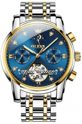 Ceas barbati Olevs Argintiu Albastru Analog Mecanic Automatic Data Indici fosforescenti 
