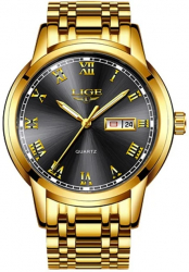 Ceas de mana barbati Lige Elegant Analog Quartz Luxury Auriu/Negru 