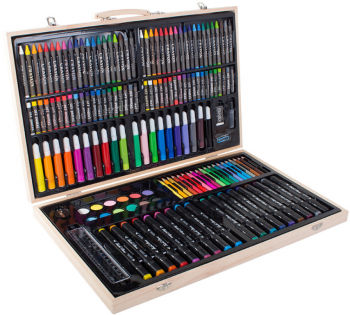 Set de Pictura si Desen pentru Copii Include 188 de Piese Carioci Acuarele Creioane Colorate Rigla Cutie pentru Depozitare din Lemn 