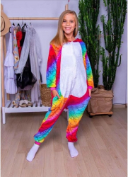 Pijama salopeta pentru copii KIGURUMI model Unicorn cu solzi curcubeu culoare multicolor Onesie-5-6 ani 