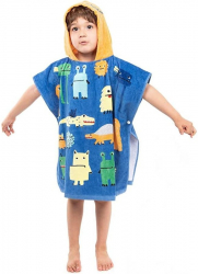 Prosop de baie copii tip poncho culoare albastru cu portocaliu model monstruleti 70x60cm 