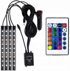 Set 4 benzi smart cu 12 leduri Zola® pentru interior auto cu telecomanda iluminare RGB lungime 22.5 cm negru 