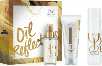 Set cu efect netezire Wella Oil Reflections Light - Balsam 200 ml Ulei 100 ml Sampon 250 ml 