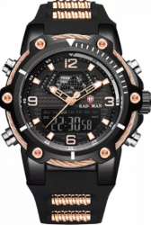 Ceas Quartz Kademan Dual Time Curea Neagra Cadran Negru