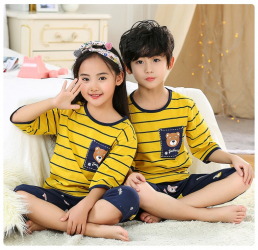 Pijama trei sferturi pentru copii galben cu bleumarin cu imprimeu ursulet-3-4 ani 