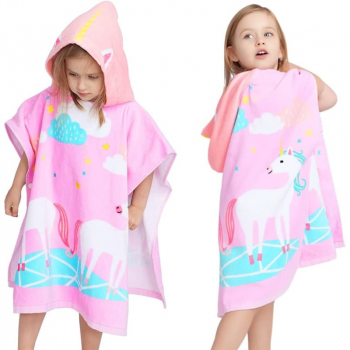 Prosop de baie copii poncho culoare roz cu albastru model cu unicorni 70x60cm 
