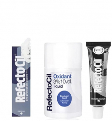 Set Gene si Sprancene Refectocil ce contine Oxidant Lichid cu Vopsea Negru Intens si Hartie Protectoare 115 ml 
